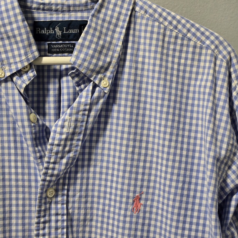 Ralph Lauren Men's Plaid Long Sleeve Button Up Blue White Size 16 32/33